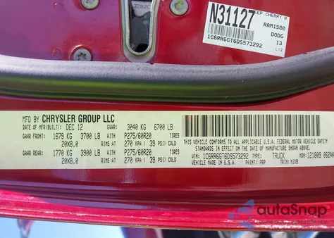 2013 Ram 1500 Lone Star from USA, damaged, VIN 1C6RR6GT6DS573292